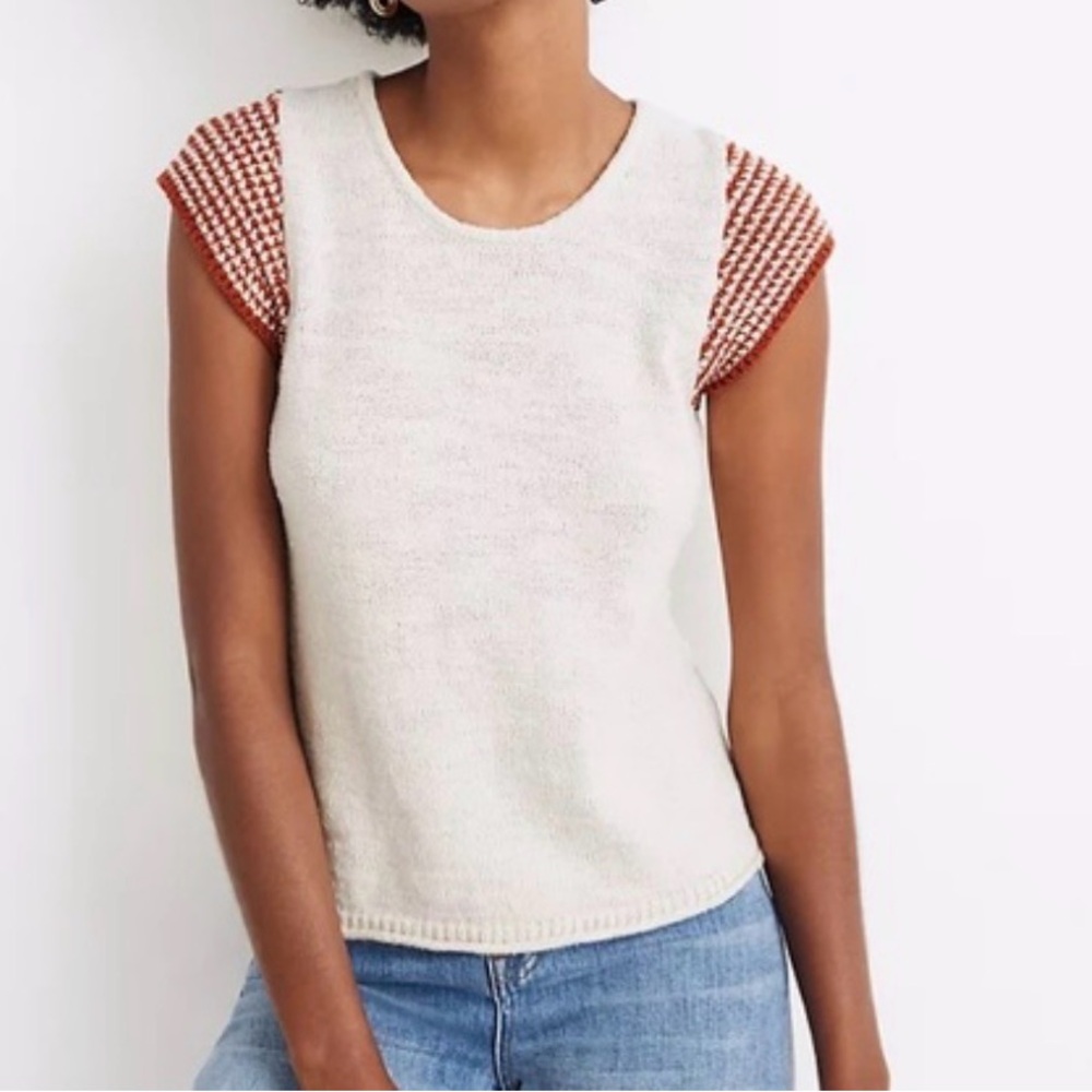 Madewell Cream and Red Knit Top